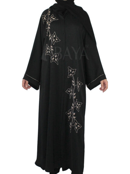 Abaya noire élégante perlée en forme de feuille