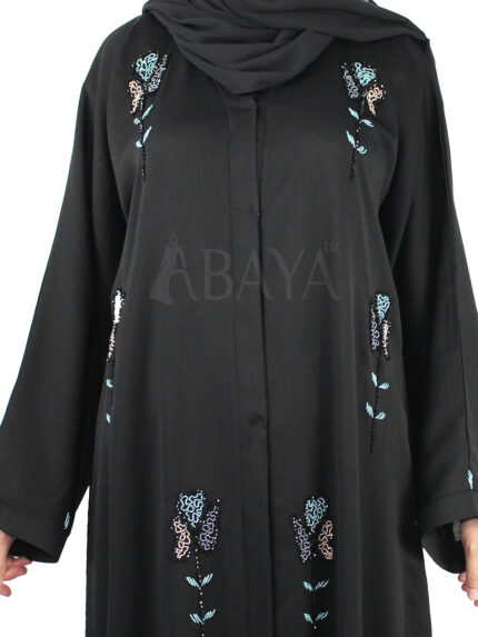 Abaya noire perlée sous forme de fleur