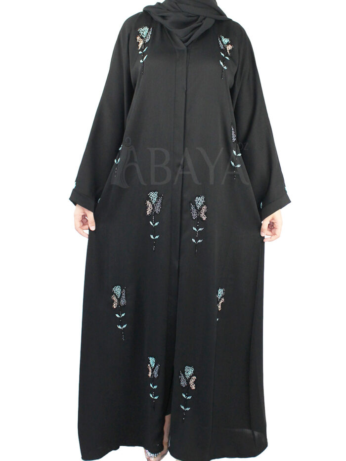 Abaya noire perlée sous forme de fleur