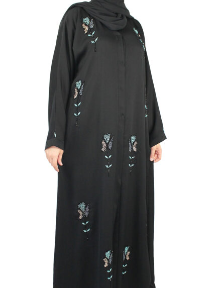 Abaya noire perlée sous forme de fleur