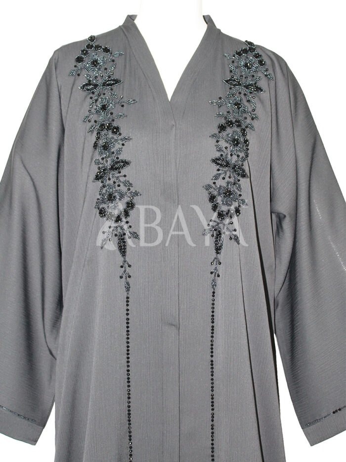 Abaya Dubai perlée chic en gris souris – Image 3