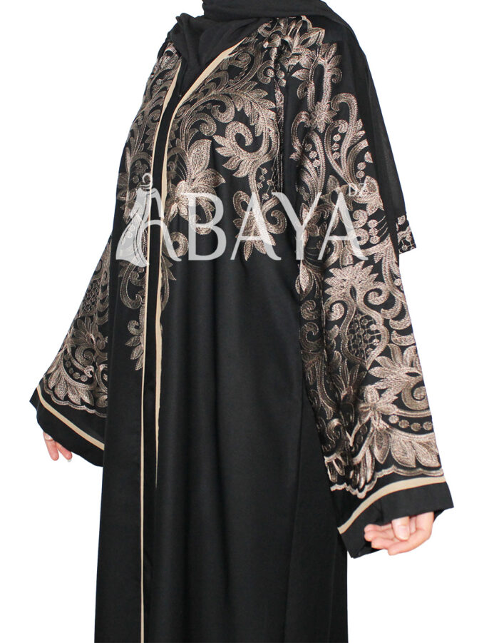 Abaya dubai noire brodée en dorée – Image 3