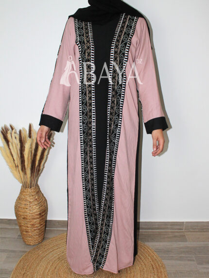 Ensemble Abaya Bicolore Élégant – Noir & Rose