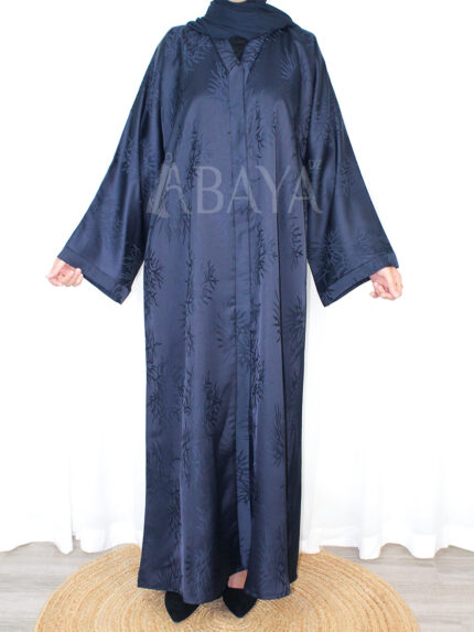 Abaya Dubai luxe en bleu foncé avec un tissu fluide et chic