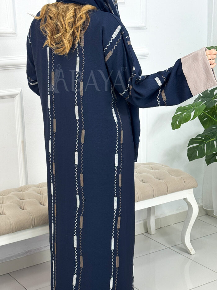 Abaya Kimono ensemble bleu deux pièces avec broderies