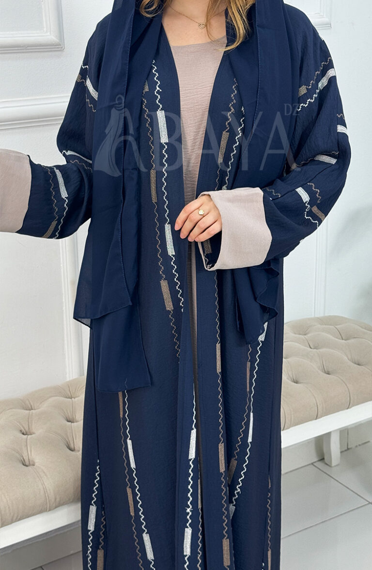 Abaya Kimono ensemble bleu deux pièces avec broderies