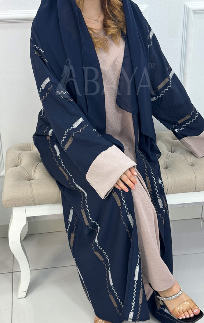 Abaya Kimono ensemble bleu deux pièces avec broderies
