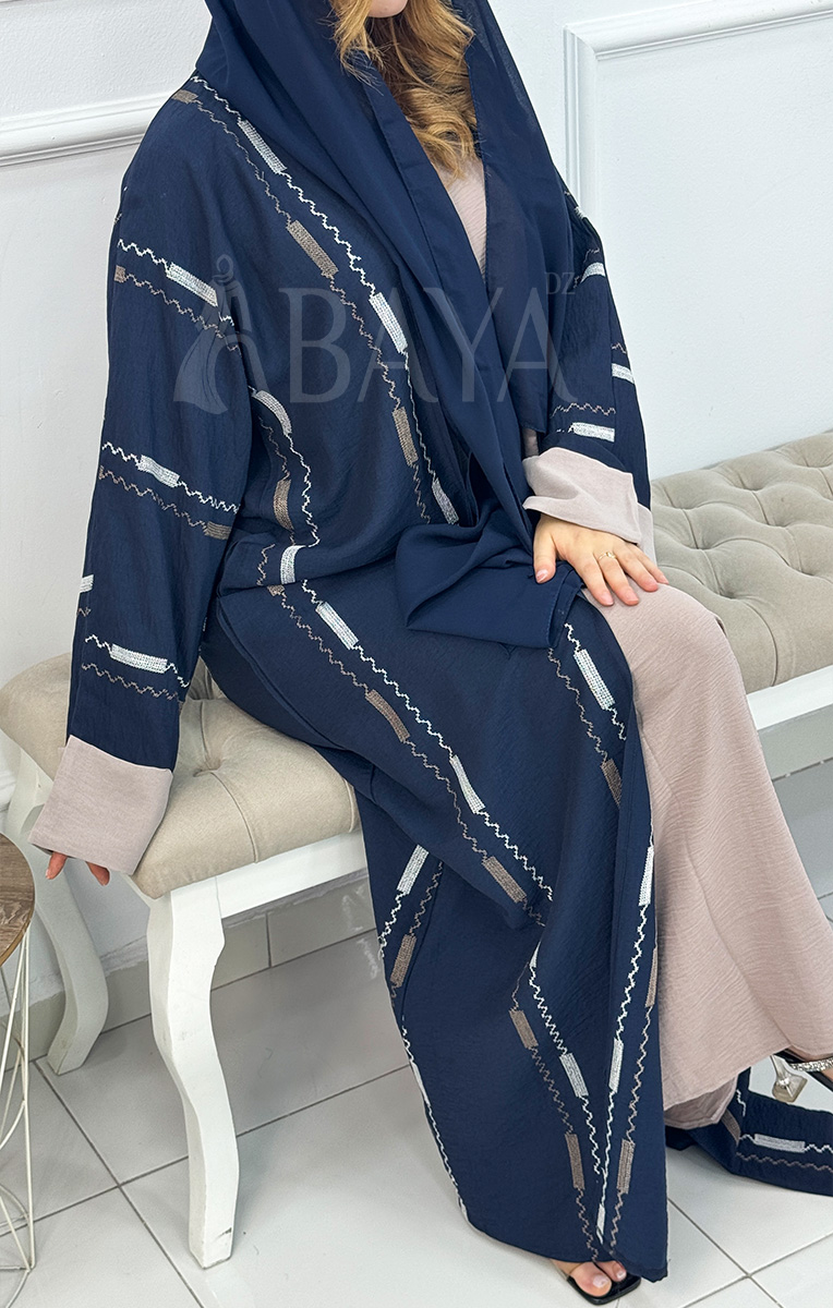 Abaya Kimono ensemble bleu deux pièces avec broderies