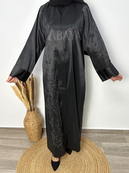 Magnifique abaya Dubai noire en Algérie, en tissu satiné brillant pour les fêtes