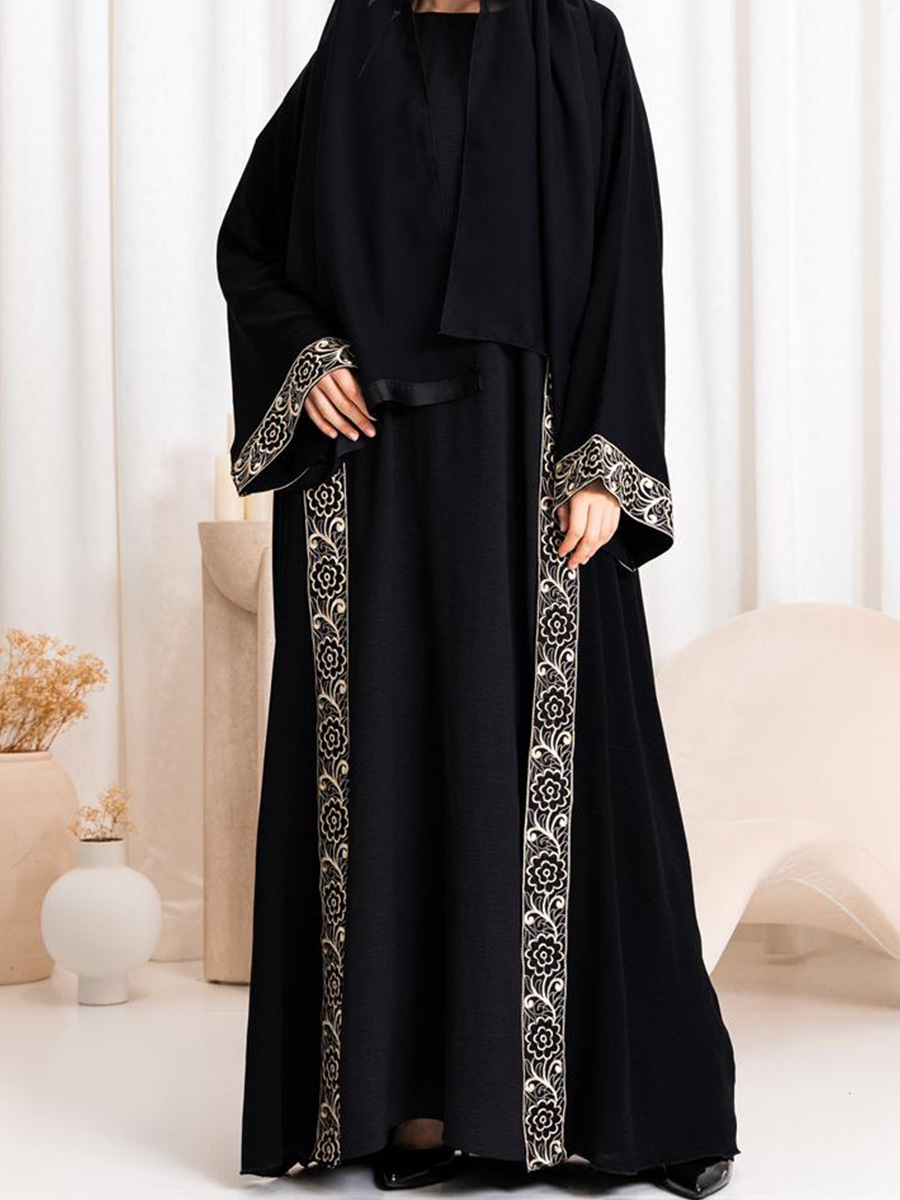 Abaya Noire Élégante avec Broderie Fleurie Raffinée