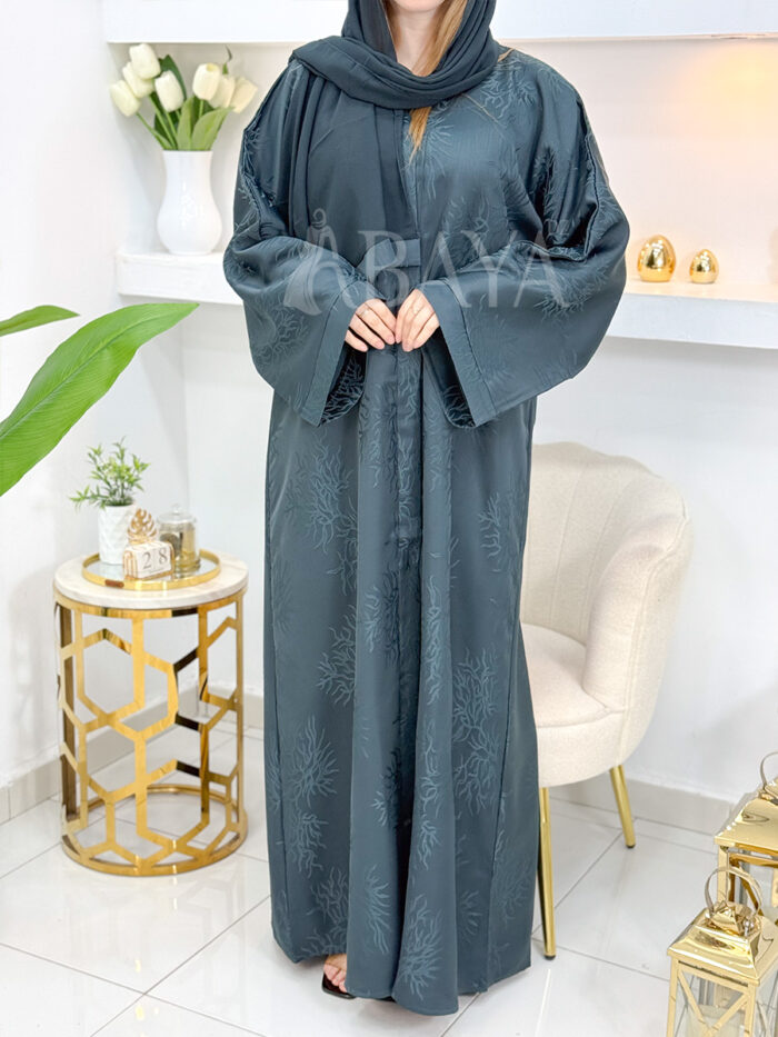 Abaya Luxe Turquoise Sombre Jacquard – Chic et Raffinement