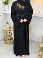 Abaya Dubai Noire Élégante avec Perles sur les Épaules, les Manches et le Dos