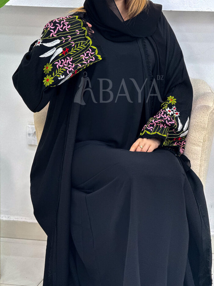 Abaya Kimono 2 Pièces Noire avec Broderies Florales – Image 5
