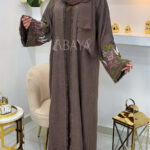 Abaya Kimono 2 Pièces Marron avec Broderies Florales