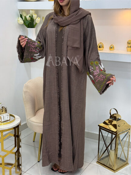 Abaya Kimono 2 Pièces Marron avec Broderies Florales