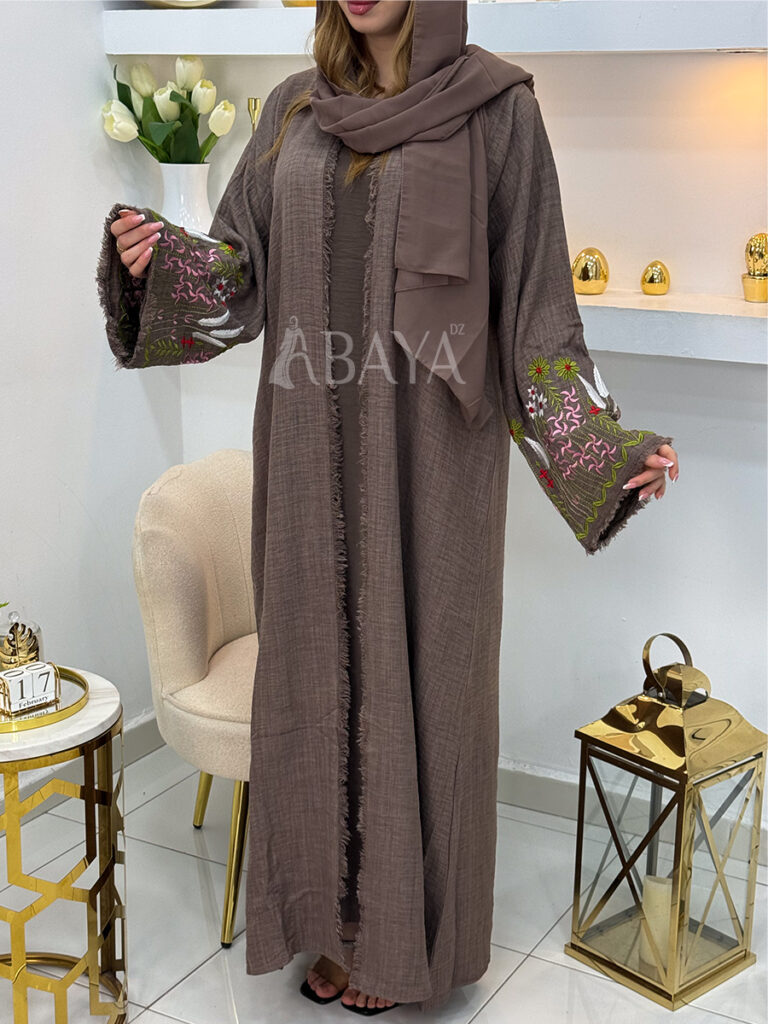 Abaya Kimono 2 Pièces Marron avec Broderies Florales
