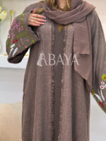Abaya Kimono 2 Pièces Marron avec Broderies Florales
