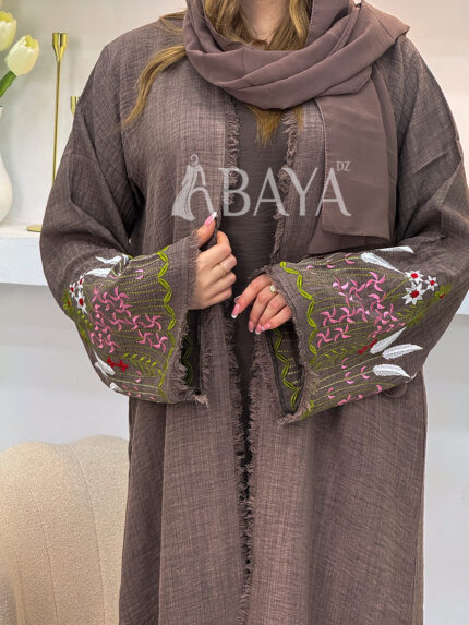 Abaya Kimono 2 Pièces Marron avec Broderies Florales