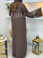 Abaya Kimono 2 Pièces Marron avec Broderies Florales