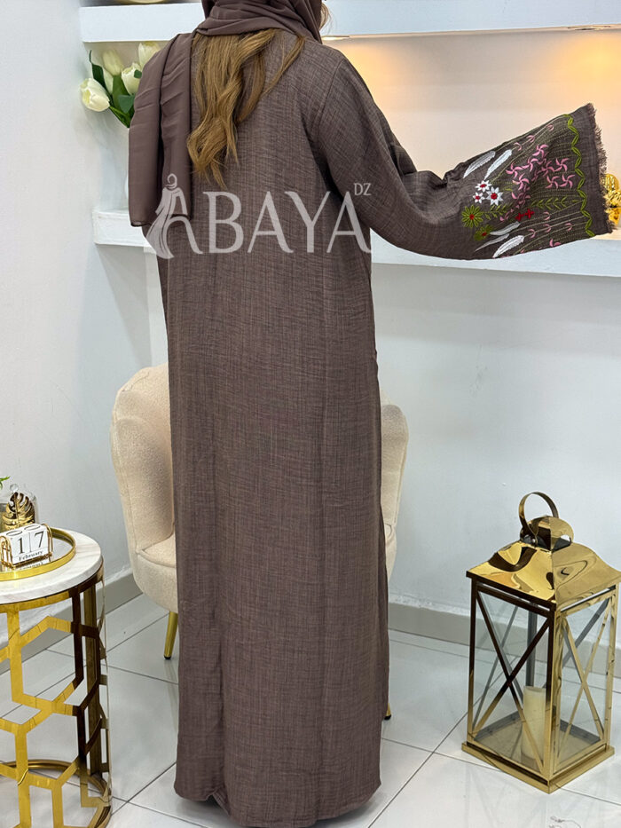 Abaya Kimono 2 Pièces Marron avec Broderies Florales