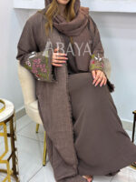 Abaya Kimono 2 Pièces Marron avec Broderies Florales