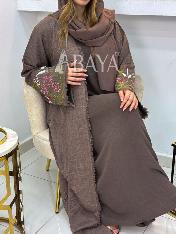 Abaya Kimono 2 Pièces Marron avec Broderies Florales