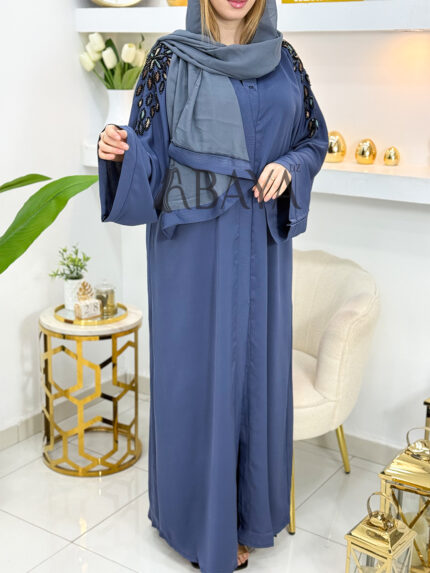 Abaya Chic Bleu en Tissu Zoom avec Détails Perlés